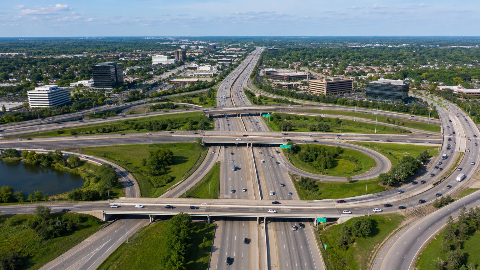 Aerial view of the Metro Detroit freeway system